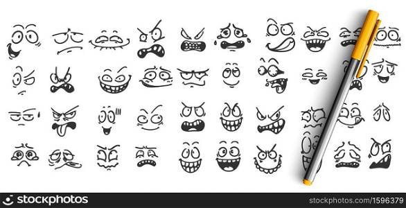 Face expressions doodle set. Collection of pencil ink hand drawn sketches templates patterns of funny happy and upset faces emoticons on white background. Positive and negative emoji illustration.. Face expressions doodle set