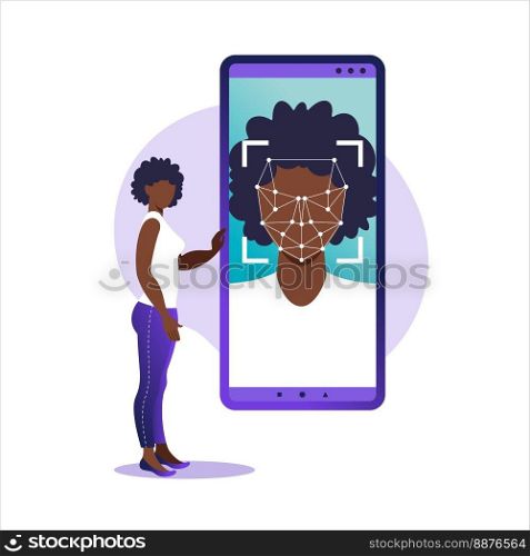Face ID, face recognition system. Facial biometric identification system scanning on smartphone. Facial recognition system concept. Mobile app for face recognition. Vector illustration.
