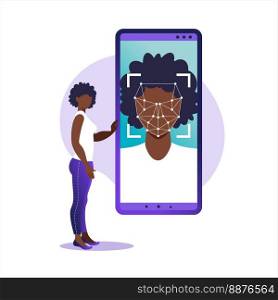 Face ID, face recognition system. Facial biometric identification system scanning on smartphone. Facial recognition system concept. Mobile app for face recognition. Vector illustration.