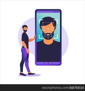 Face ID, face recognition system. Facial biometric identification system scanning on smartphone. Facial recognition system concept. Mobile app for face recognition. Vector illustration