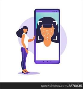Face ID, face recognition system. Facial biometric identification system scanning on smartphone. Facial recognition system concept. Mobile app for face recognition. Vector illustration