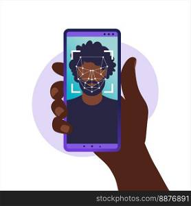 Face ID, face recognition system. facial biometric identification system scanning on smartphone. Hand holding smartphone with human head and scanning app on screen. Vector illustration.