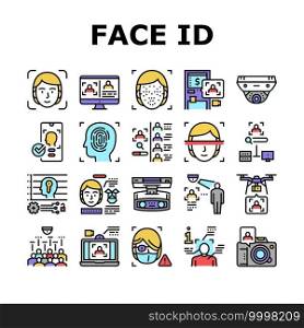 Face Id Technology Collection Icons Set Vector. Face Id And Finger Print Access, Atm Bank Terminal And Unblocked Smartphone Facial Protect System Concept Linear Pictograms. Contour Color Illustrations. Face Id Technology Collection Icons Set Vector