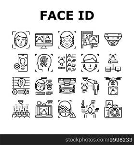 Face Id Technology Collection Icons Set Vector. Face Id And Finger Print Access, Atm Bank Terminal And Unblocked Smartphone Facial Protect System Black Contour Illustrations. Face Id Technology Collection Icons Set Vector