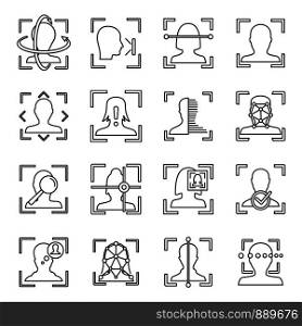 Face identification icons set. Outline set of face identification vector icons for web design isolated on white background. Face identification icons set, outline style
