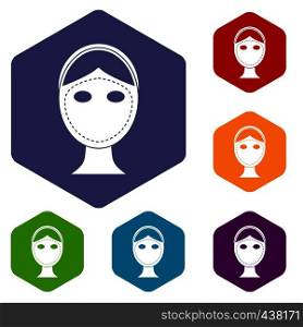 Face marked out for cosmetic surgery icons set hexagon isolated vector illustration. Face marked out for cosmetic surgery icons set