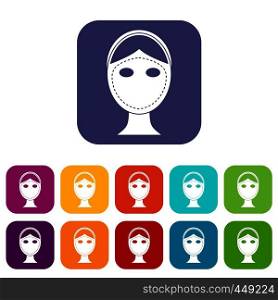 Face marked out for cosmetic surgery icons set vector illustration in flat style In colors red, blue, green and other. Face marked out for cosmetic surgery icons set