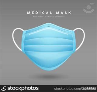 Face mask blue color, realistic mock up template design, on gray background, Eps 10 vector illustration