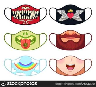 Face mask design with cute mouths, monster or child. Vector of funny mask monster and mouth face, creature expression illustration. Face mask design with cute mouths, monster or child