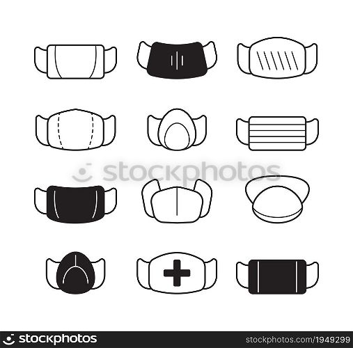Face mask icon. Surgical doctor clothes flu or pollution protection illness moisture vector collection. Medical mask face against pollution and virus illustration. Face mask icon. Surgical doctor clothes flu or pollution protection illness moisture vector collection
