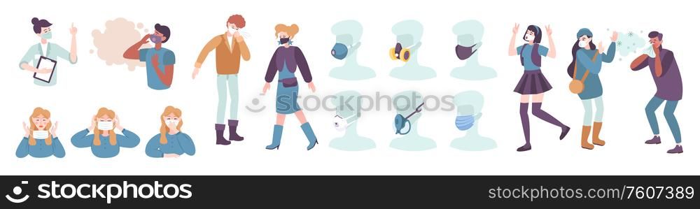 Face mask protection flat set with isolated doodle characters breathing masks and people infected with coronavirus vector illustration