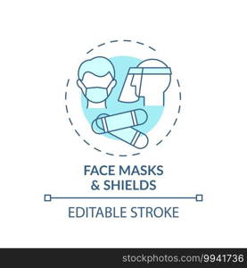 Face masks and shields concept icon. Post-covid beauty salon safety rule idea thin line illustration. Cloth barrier. Substitute for masks. Vector isolated outline RGB color drawing. Editable stroke. Face masks and shields concept icon
