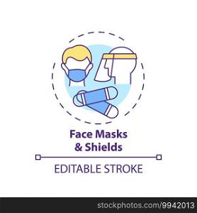 Face masks and shields concept icon. Post-covid beauty salon safety rule idea thin line illustration. Face covering. Substitute for masks. Vector isolated outline RGB color drawing. Editable stroke. Face masks and shields concept icon