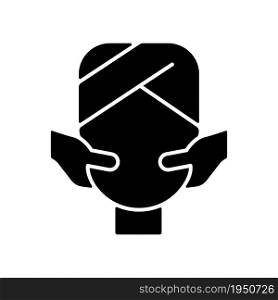 Face massage black glyph icon. Stimulating pressure points. Promoting blood flow in skin. Massaging facial muscles. Boost collagen level. Silhouette symbol on white space. Vector isolated illustration. Face massage black glyph icon