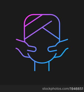 Face massage gradient vector icon for dark theme. Stimulating pressure points. Promoting blood flow in skin. Thin line color symbol. Modern style pictogram. Vector isolated outline drawing. Face massage gradient vector icon for dark theme