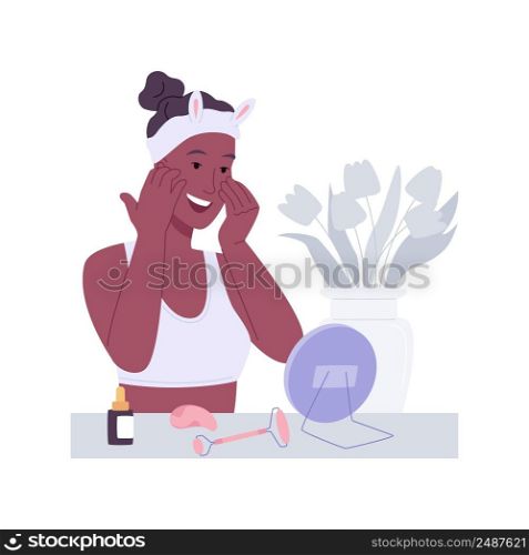 Face massage isolated cartoon vector illustrations. Attractive woman massaging her face, morning ritual, people lifestyle, at home self-care, body treatment, beauty procedures vector cartoon.. Face massage isolated cartoon vector illustrations.