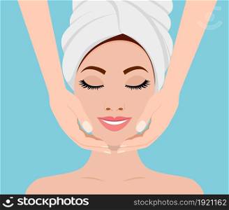 Face massage. Spa skin and body care. Close-up of young woman getting spa massage treatment at beauty spa salon. SPA beauty and health concept. Vector illustration in flat style. Spa skin and body care.