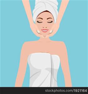 Face massage. Spa skin and body care. Close-up of young woman getting spa massage treatment at beauty spa salon. SPA beauty and health concept. Vector illustration in flat style. Spa skin and body care.