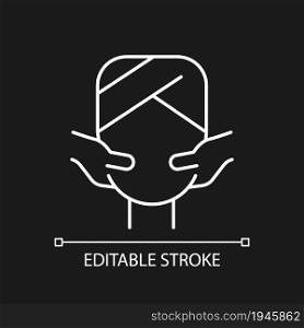 Face massage white linear icon for dark theme. Stimulating pressure points. Promoting blood flow. Thin line customizable illustration. Isolated vector contour symbol for night mode. Editable stroke. Face massage white linear icon for dark theme