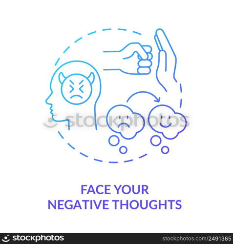 Face negative thoughts blue gradient concept icon. Self appreciation abstract idea thin line illustration. Overcoming negative thinking. Isolated outline drawing. Myriad Pro-Bold font used. Face negative thoughts blue gradient concept icon