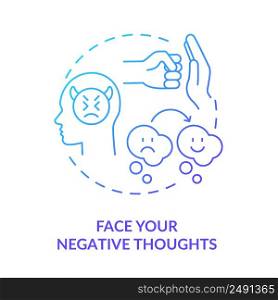Face negative thoughts blue gradient concept icon. Self appreciation abstract idea thin line illustration. Overcoming negative thinking. Isolated outline drawing. Myriad Pro-Bold font used. Face negative thoughts blue gradient concept icon