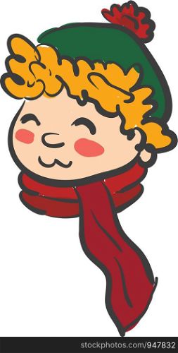 Face of a curly haired boy wearing green hat with pompom and red color scarf vector color drawing or illustration