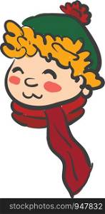 Face of a curly haired boy wearing green hat with pompom and red color scarf vector color drawing or illustration