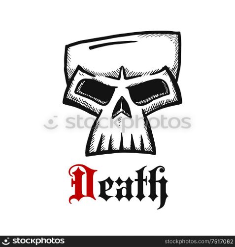 Face of a death symbol with dark grey sketch of sullen skull with ornamental gothic caption Death below. Great for Halloween mascot or t-shirt print design usage. Sullen skull sketch symbol for tattoo design
