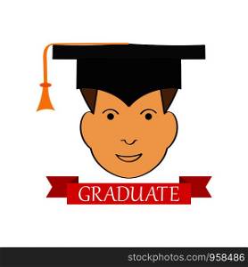 face of a young man in a hat graduate and graduate inscription on a red ribbon, flat design