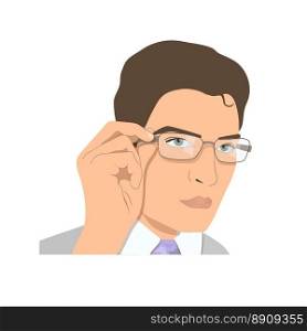 Face of a young man in glasses.   Businessman rearranging spectacles.. Face of a attractive young man in glasses