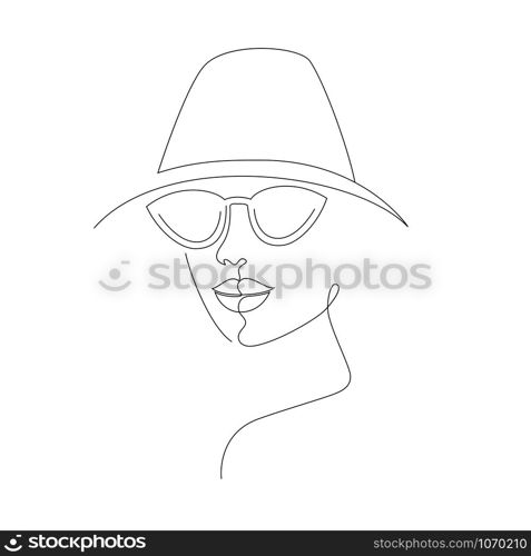 Face of woman in hat and sunglasses on white background. One line drawing style.