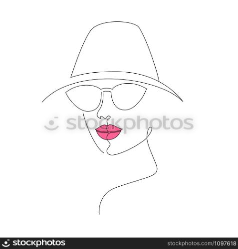 Face of woman in hat and sunglasses on white background. One line drawing style.