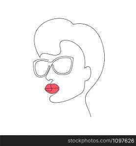 Face of woman in sunglasses on white background. One line drawing style.