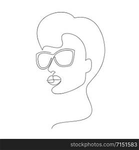 Face of woman in sunglasses on white background. One line drawing style.