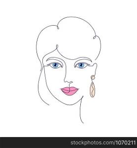 Face of woman on white background.One line drawing style.T-shirt idea.