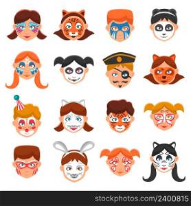 Face Paint For Children Icons Set. Painted Faces Vector Illustration. Greasepaint For Kids Flat Symbols. Makeup For Children Design Set. Painted Faces Isolated Set.. Painted Faces Icons Set