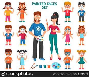 Face Paint For Children Set. Face Paint For Children Icons Set. Bodyart Paint Vector Illustration. Face Paint Decorative Set. Greasepaint For Children Design Set. Painted Faces Flat Isolated Set.