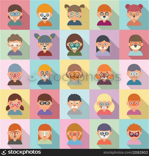 Face painting icons set flat vector. Paint kids make up. Birthday face painting. Face painting icons set flat vector. Paint kids make up