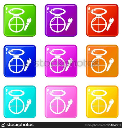 Face powder multicolor icons set 9 color collection isolated on white for any design. Face powder multicolor icons set 9 color collection
