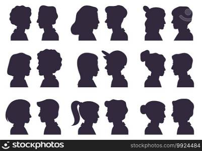 Face profile silhouettes. Male and female heads silhouettes, woman and man avatar portraits flat vector illustration set. People anonymous face silhouette with different hairstyle and caps. Face profile silhouettes. Male and female heads silhouettes, woman and man avatar portraits flat vector illustration set. People anonymous face silhouette