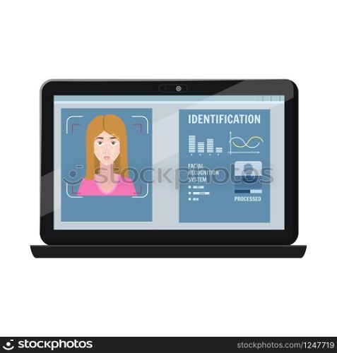 Face recognition. Identification of a biometric person, personality through the intellectual recognition system of a human face, woman. Face recognition. Identification of a biometric person, human face, woman. A laptop, a computer scans the face of a person, forming a polygonal mesh, a frame consisting of lines and points. Vector illustration isolated