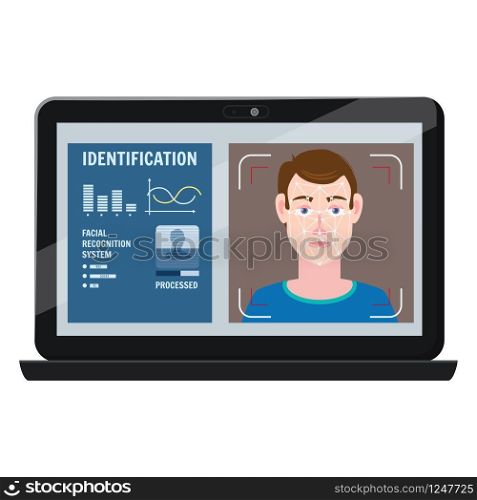 Face recognition. Identification of a biometric person, personality through the intellectual recognition system of a human face, man. Face recognition. Identification of a biometric person, personality through the intellectual recognition system of a human face, man. A laptop, a computer scans the face of a person, forming a polygonal mesh, a frame consisting of lines and points. Vector illustration isolated