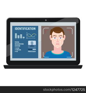 Face recognition. Identification of a biometric person, personality through the intellectual recognition system of a human face, man. Face recognition. Identification of a biometric person, personality through the intellectual recognition system of a human face, man. A laptop, a computer scans the face of a person, forming a polygonal mesh, a frame consisting of lines and points. Vector illustration isolated