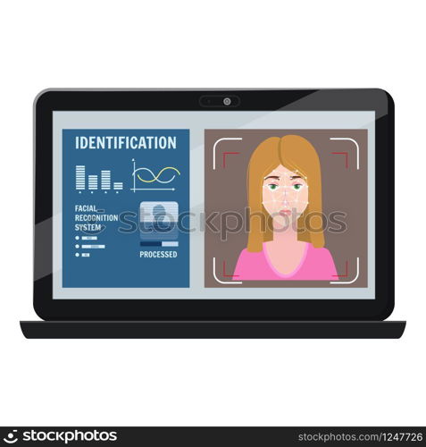 Face recognition. Identification of a biometric person, personality through the intellectual recognition system of a human face, woman. Face recognition. Identification of a biometric person, personality through the intellectual recognition system of a human face, woman. A laptop, a computer scans the face of a person, forming a polygonal mesh, a frame consisting of lines and points. Vector illustration isolated