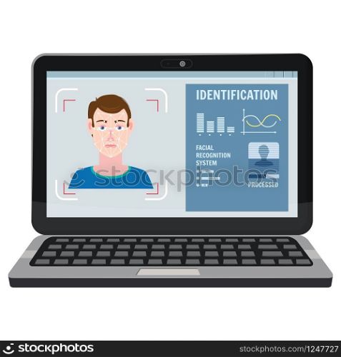 Face recognition. Identification of a biometric person, personality through the intellectual recognition system of a human face, man. Face recognition. Identification of a biometric person, human face, man. A laptop, a computer scans the face of a person, forming a polygonal mesh, a frame consisting of lines and points. Vector illustration isolated