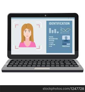Face recognition. Identification of a biometric person, personality through the intellectual recognition system of a human face, woman. Face recognition. Identification of a biometric person, personality through the intellectual recognition system of a human face, woman. A laptop, a computer scans the face of a person, forming a polygonal mesh, a frame consisting of lines and points. Vector illustration isolated