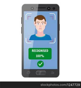 Face recognition. Identification of a biometric person, personality through the intellectual recognition system of a human face, man. Face recognition. Identification of a biometric person, personality through the intellectual recognition system of a human face, man. The smartphone it scans a person s face, forming a polygonal mesh, a frame consisting of lines and points. Vector illustration isolated