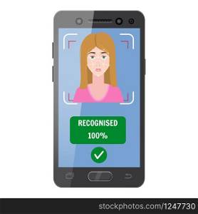 Face recognition. Identification of a biometric person, personality through the intellectual recognition system of a human face, woman. Face recognition. Identification of a biometric person, personality through the intellectual recognition system of a human face, woman. The smartphone it scans a person face, forming a polygonal mesh, a frame consisting of lines and points. Vector illustration isolated