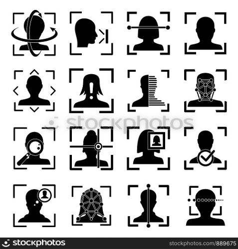 Face recognition system id icons set. Simple set of face recognition system id vector icons for web design on white background. Face recognition system id icons set, simple style