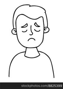 face sad boy. Portrait of an upset child with closed eyes. Vector linear hand drawing doodle. Avatar male baby face for design, decor, social media